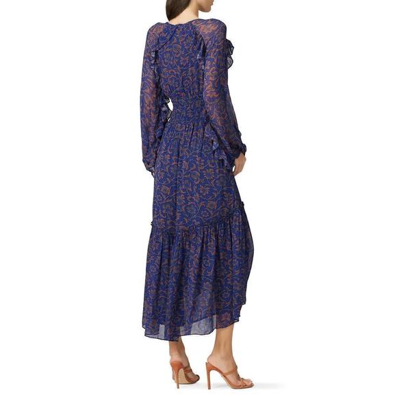 Figue Alessia Dress Floral Boho Smocked Ruffle Long Sleeve Midi Blue Purple XXL - Picture 3 of 9